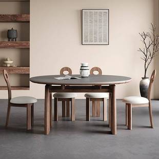 中古风胡桃色实木岩板可伸缩折叠餐桌法式小户形方可变圆功能饭桌