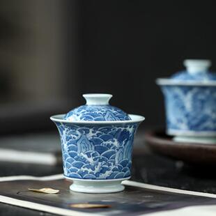 晴先生原矿青花海水海石盖碗120ml海象纹盖碗宣德风格原矿高岭土