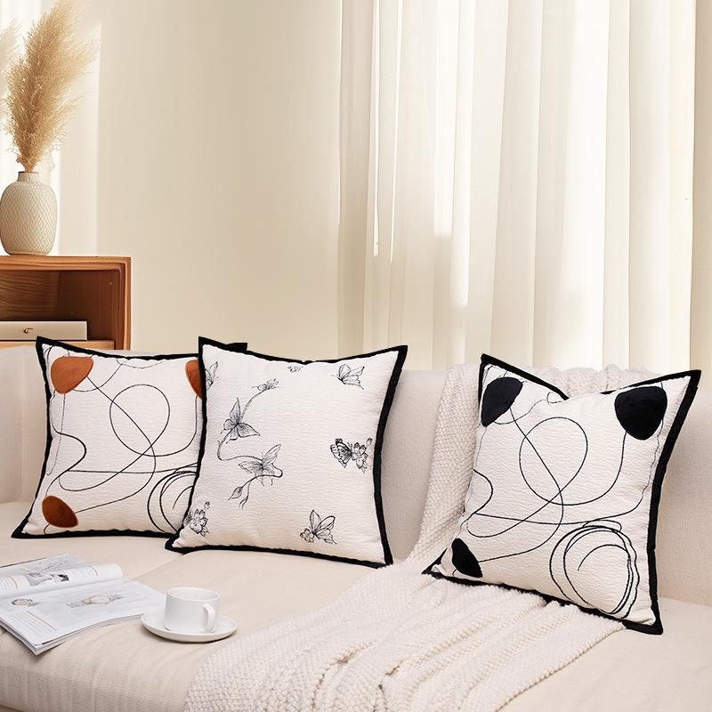 JY1444-J简约黑白线条抱枕发民宿沙客靠枕家厅用加厚尼尔雪刺绣靠