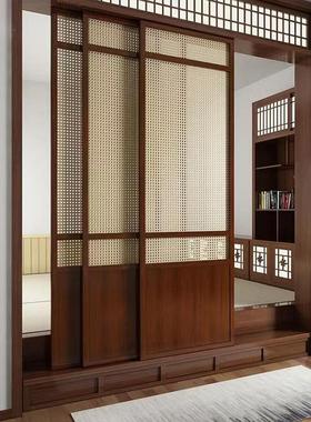 9拉W574新实木断折叠门隔门藤编门日式推门藤编柜门中式移门双开