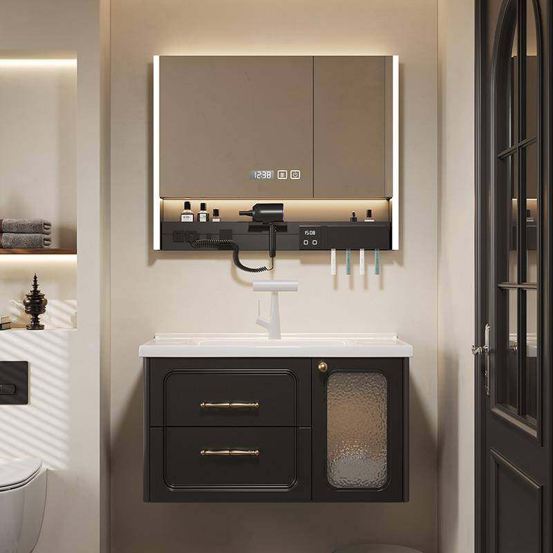 新款中古风智能橡木浴室柜组合陶瓷一体盆卫生间洗漱台洗手洗脸盆