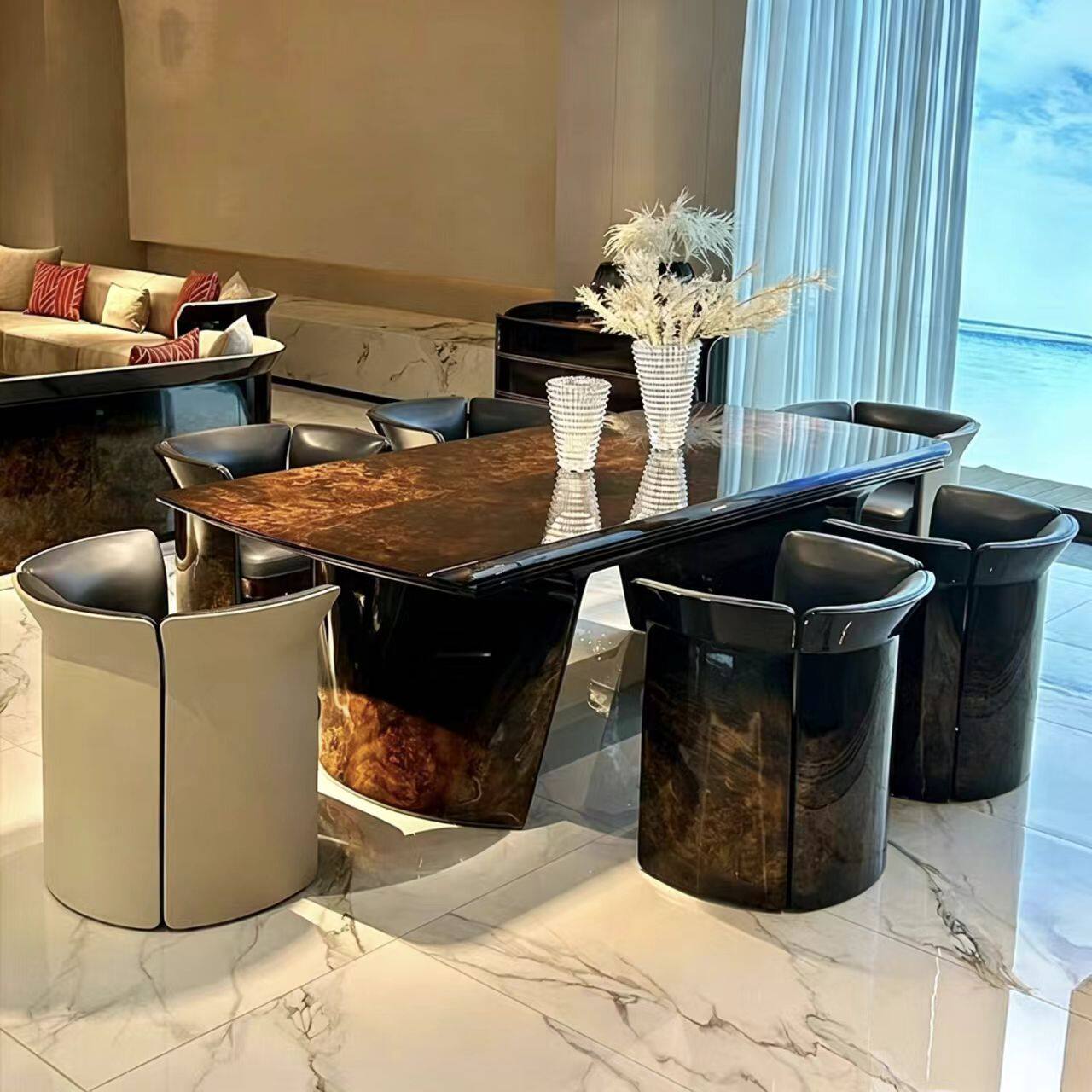 后现代简约实木餐桌意大利轻奢长方形大理石样板房饭桌椅豪宅别墅