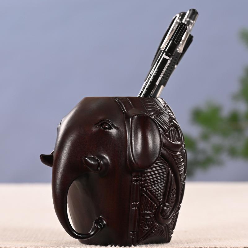 象木质雕刻笔筒黑檀木大象笔筒雕刻手雕木雕摆件木质工大艺品文房
