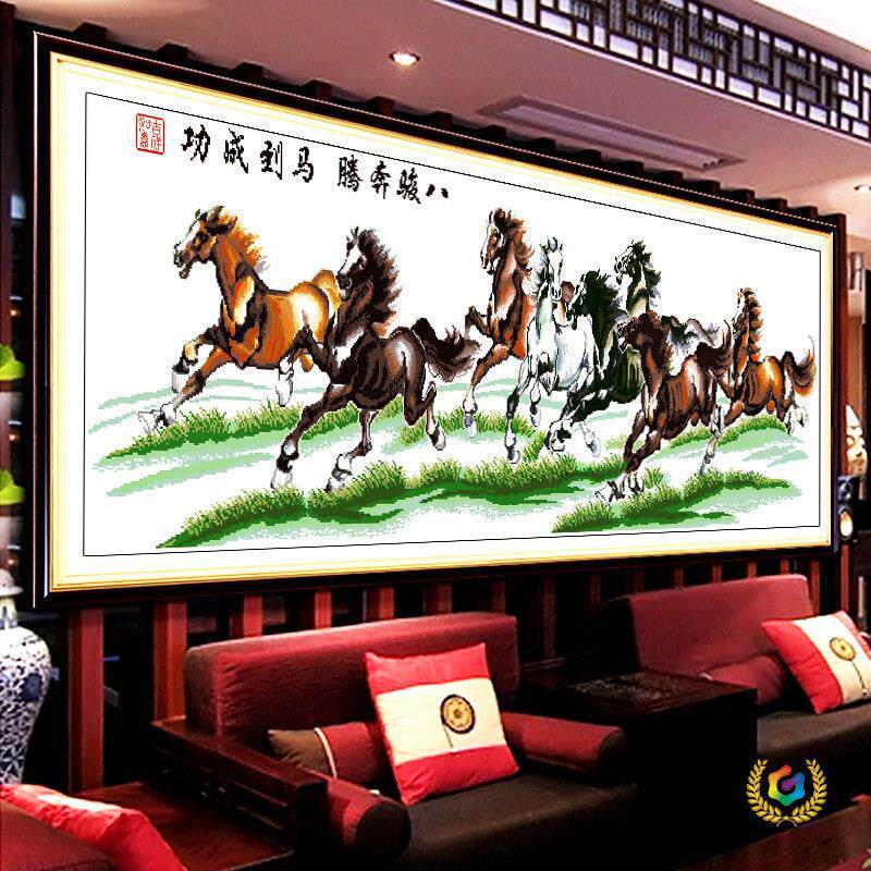 ?纯手工十字绣成品马到成功八骏图2米人工秀客厅挂画出售已绣好