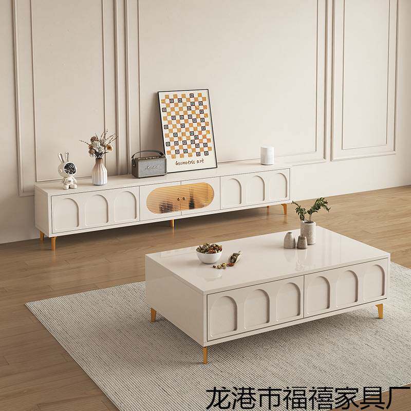 实木电视柜茶几组合小户型家用电视柜客厅奶油风茶几带抽屉包安装