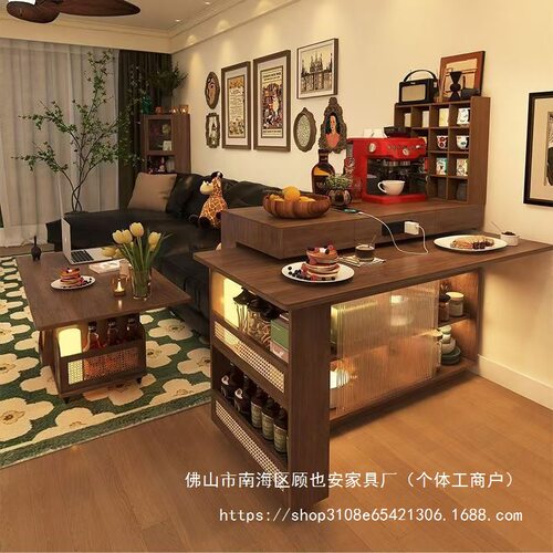 顾也安岛台餐桌一体可旋转小户型伸缩吧台中古风餐边柜沙发边柜GY