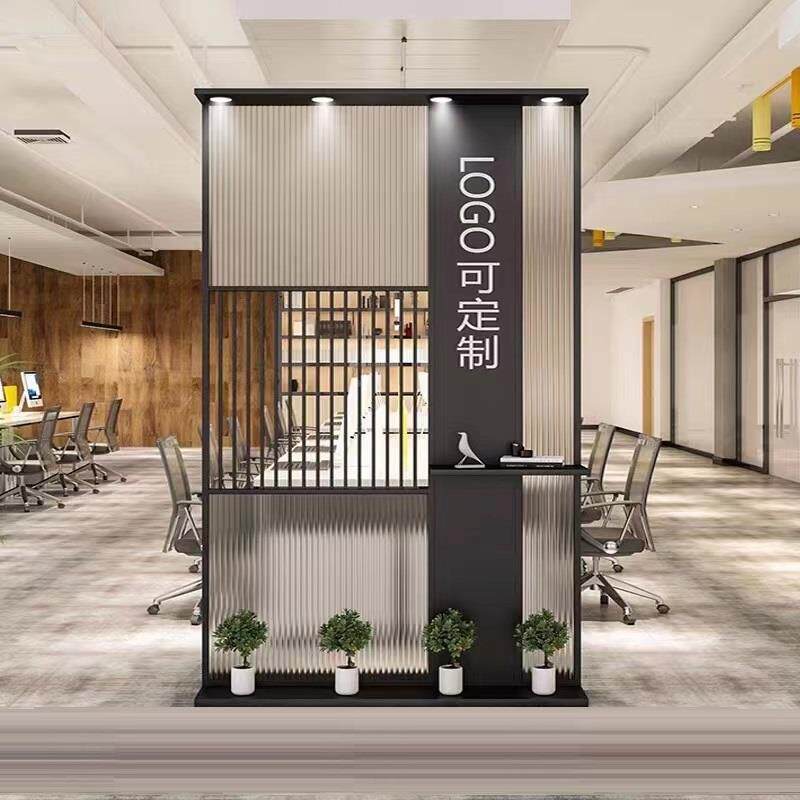 现铁艺屏风玻璃隔断靠墙公室落代地式形象办装饰入户玄ABT关前移