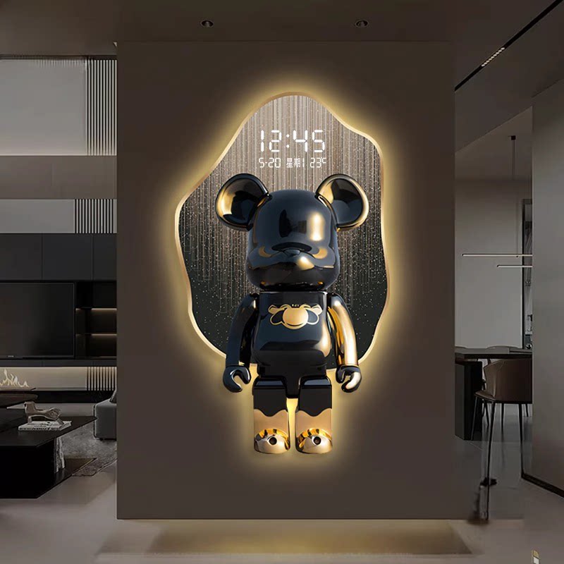 现代玄关装饰画潮牌暴力熊科技感电子屏数显时钟挂画精雕钟表壁画