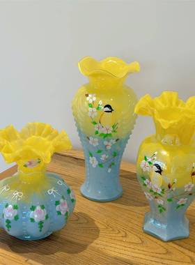现代简约黄蓝系手绘芬顿花瓶手制作玻璃器花风N2H04009格装饰工花