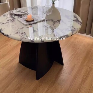 宝格丽餐桌家用小户型简约法式复古奶油风K实木轻奢大理石圆形餐