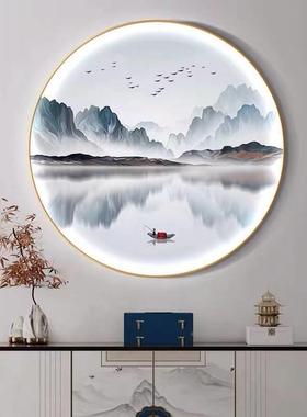 水房墨山水LWE室圆形玄关围装饰画新中式书氛灯画意境风景禅意茶