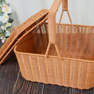 21藤 小鹿复古茶色方形野餐收纳篮仿364 W97小号拜拜篮W947