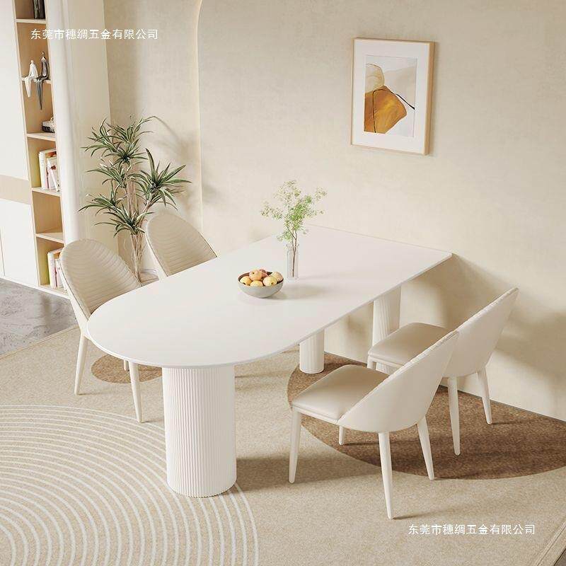 奶油风纯白岩板餐桌餐色椅饭组现代简约小合户型家用半FNK圆形吃