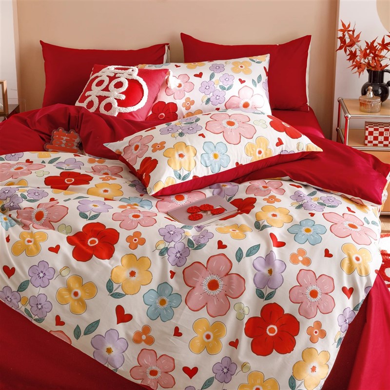 少女风印花结婚四件套红色全棉婚庆床上用品喜被长绒棉新婚礼陪嫁
