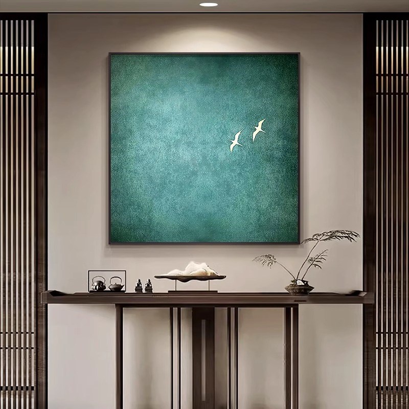 新中式极简蓝色玄关装饰画客厅背景墙方形挂画酒店民宿高级感壁画图片
