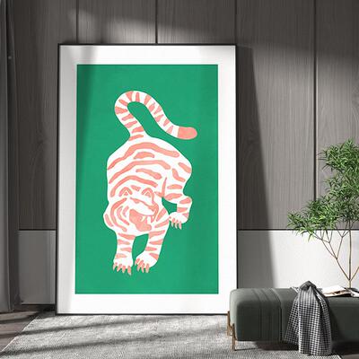 版北欧ins粉色老虎动物抽象客厅玄关S-993装饰画廊绿色背景墙走竖