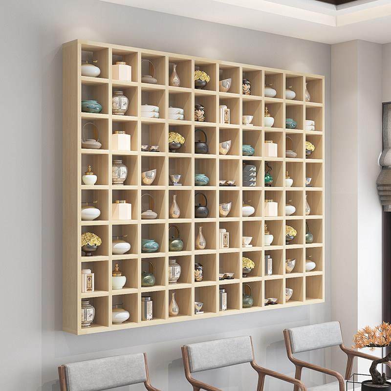 定制实木格子架墙上置物架茶室茶杯收纳层架茶叶展示架多宝阁博古