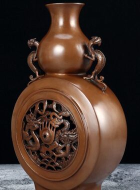 紫铜花瓶插干花高级感艺术感摆件中式玄关客厅电视柜家居装饰品