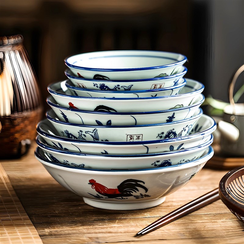老式鸡公碗陶瓷公鸡碗斗碗家用饭碗C复古高脚碗面碗斗笠盘陶瓷菜