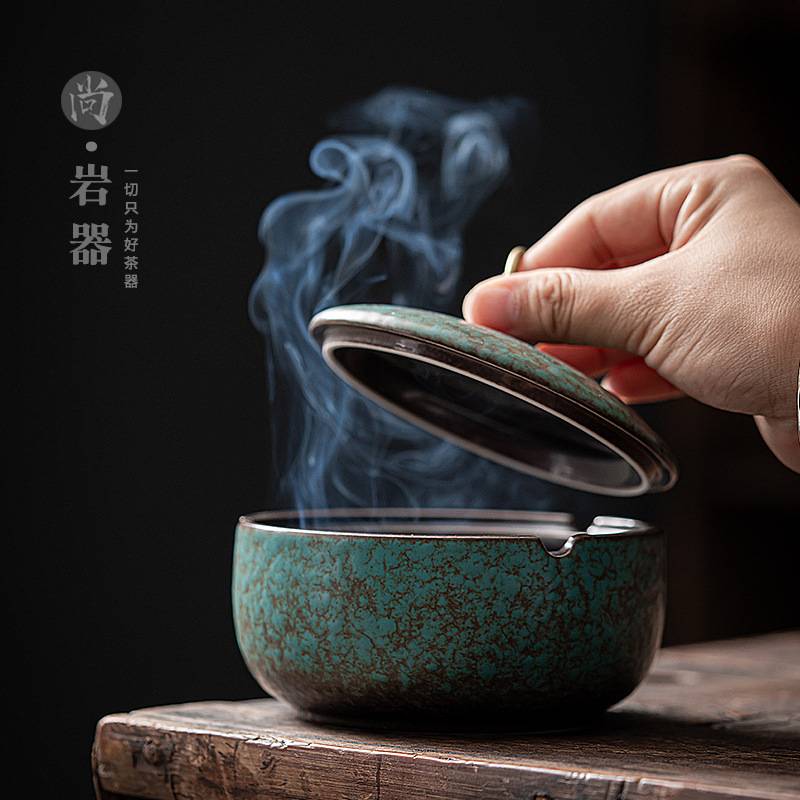 创意带盖烟灰缸复古轻奢个性陶瓷烟缸家用客厅办公室防风灭烟缸