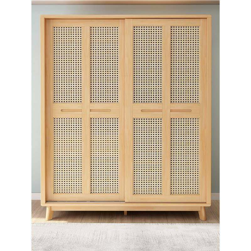 实木藤编推拉移门衣柜小户型家用卧室挂衣服收纳柜子两门储物衣橱