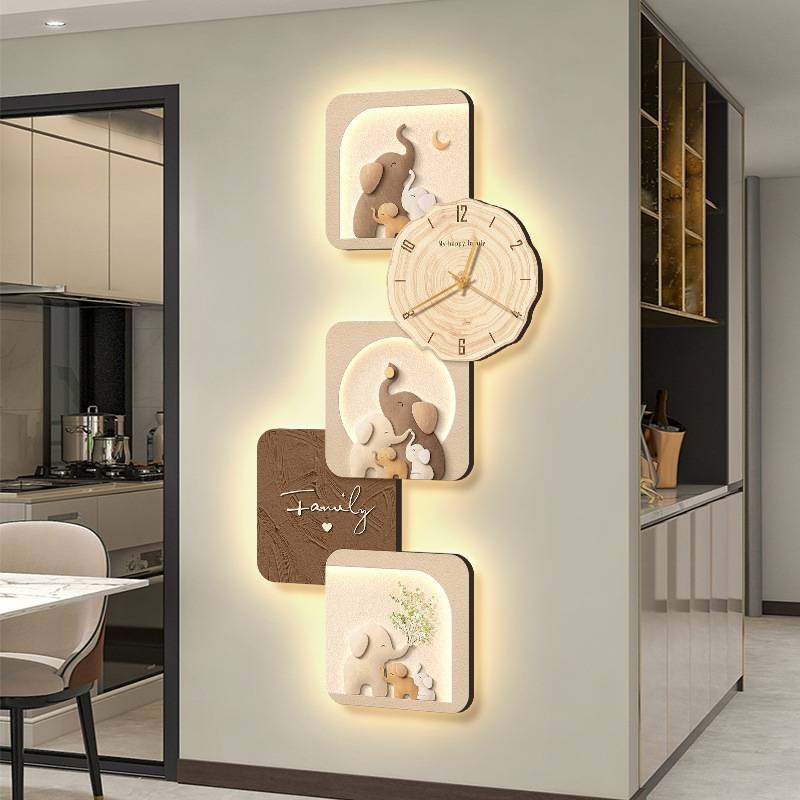 大象玄关装饰画入户正对门壁画发光绿植客厅走廊过道墙上挂画钟表