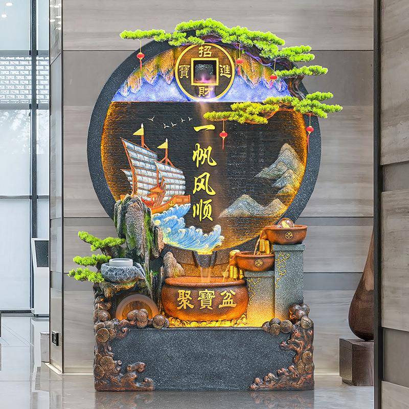 水墙幕假生山喷泉摆件水流水屏风客JDJ厅玄关落地装饰风轮财庭院