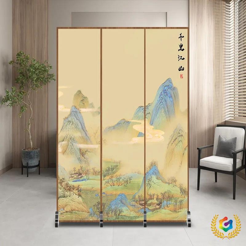新中式简约现代隔断入户布艺遮挡客厅木质屏风玄关装饰移动座屏