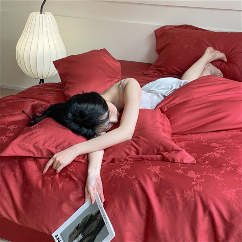 婚庆全棉四件套长绒棉60提花被套床单结婚纯棉酒红色简约床上用品