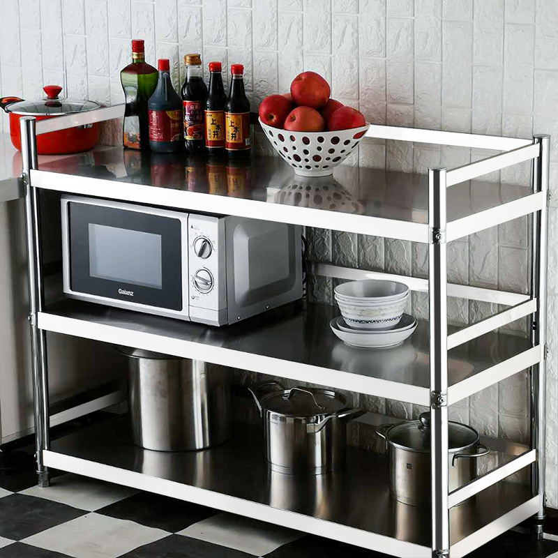 不锈钢围栏橱柜厨房用品用具百货带护栏落地多层微波炉烤箱收纳架