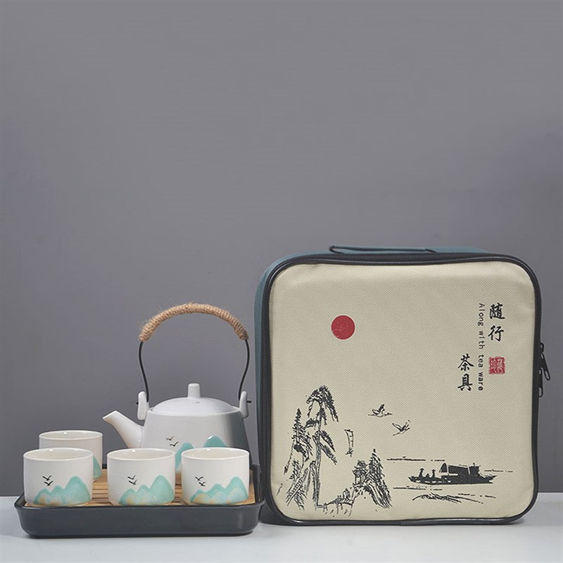 整套茶具套装家用陶瓷户外一壶四杯手绘提梁壶小茶盘便携茶台旅行