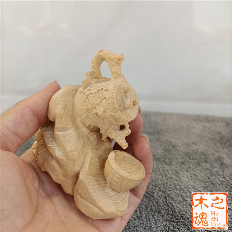小叶黄男杨木雕刻小茶壶手把件家WIN居装饰品文把把壶茶士玩车摆