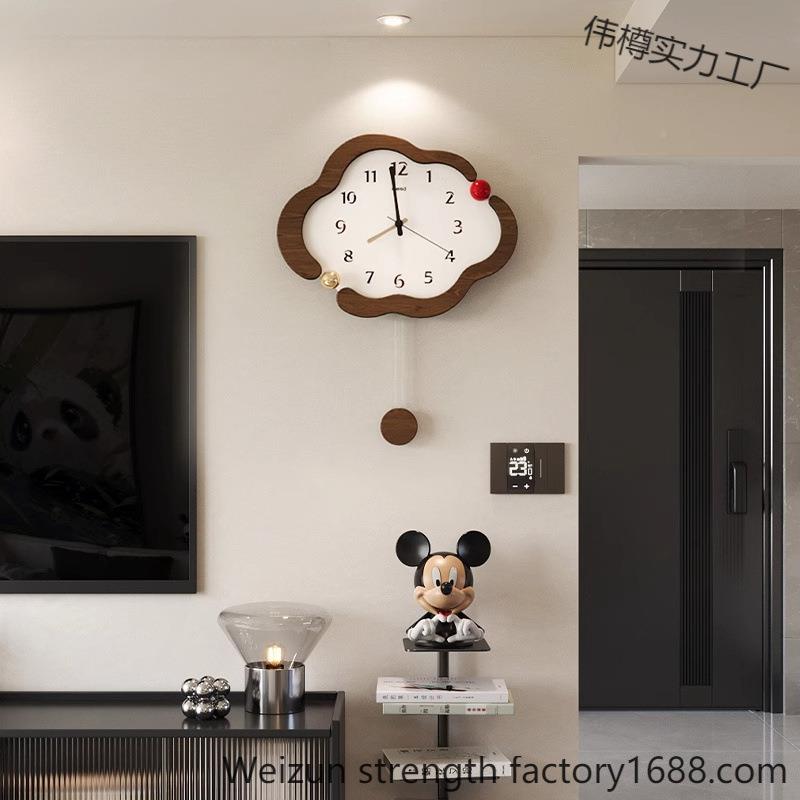 云朵奶油中古风客厅挂钟钟现代约用挂墙家时伟樽实力简免打孔钟表