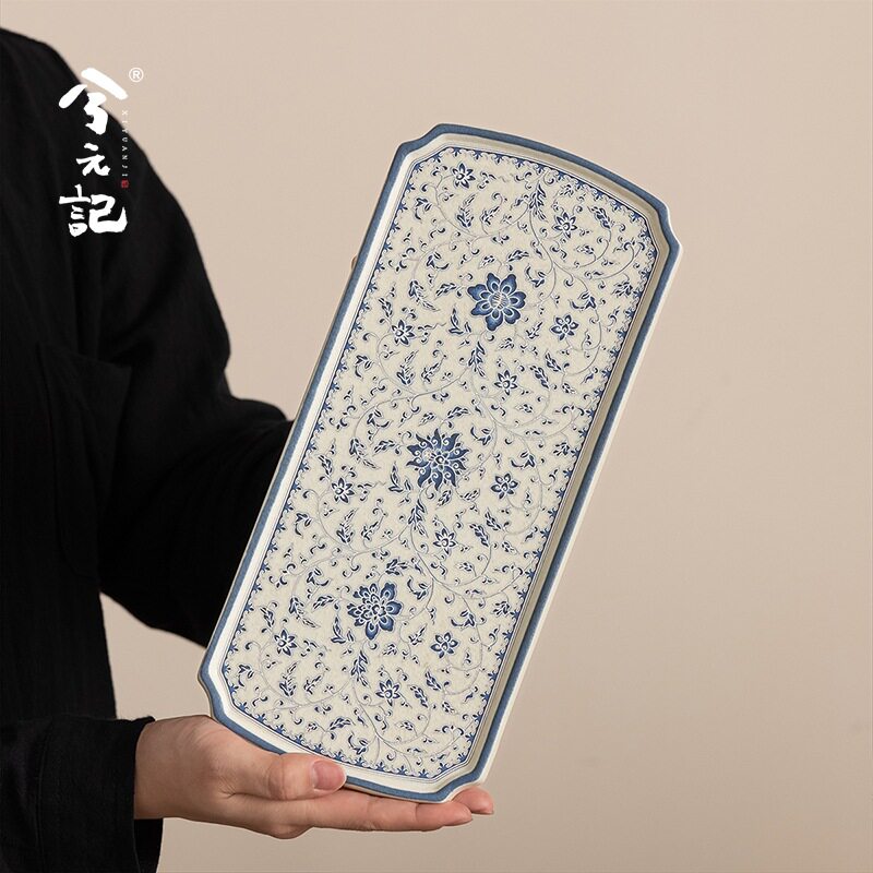 兮元记青花陶瓷茶盘家用小型干泡台长方形隔热托盘沥水盘茶具配件