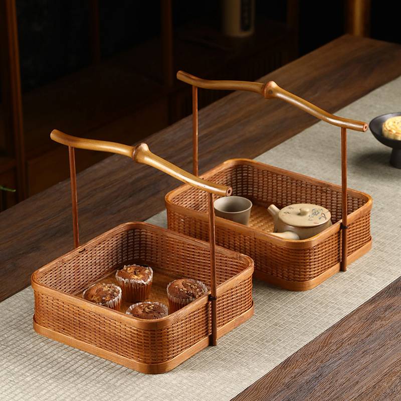 竹制品手工竹编复古茶具收纳筐点心篮干果盘日式家用整理篮手提篮