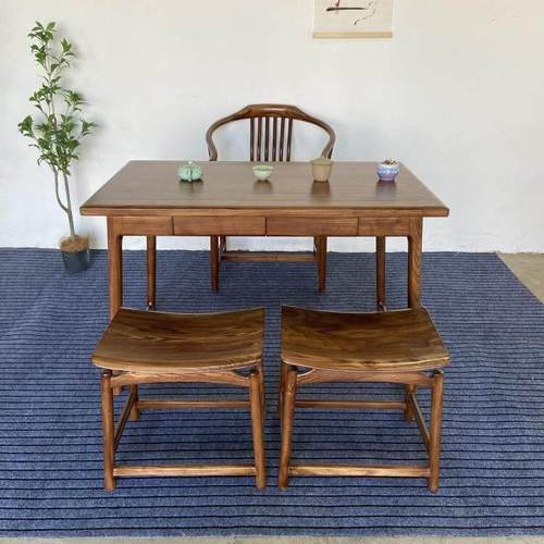 新中式实木茶桌椅组合家用简约书桌写字台老榆木干泡台阳台小茶室