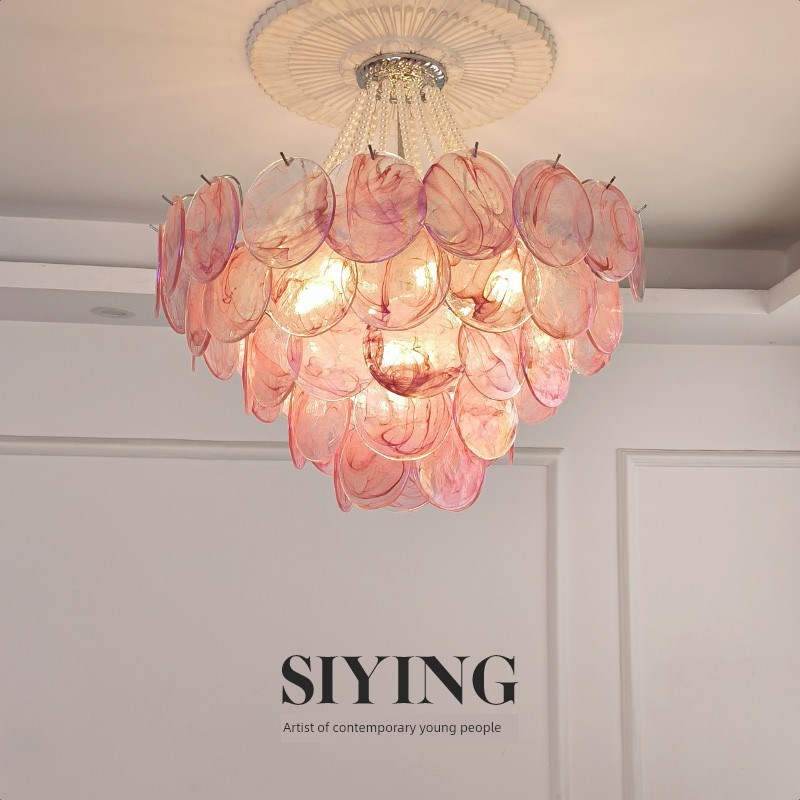 法国穆拉诺岛客厅灯覆古粉红色玻璃吊灯浪P漫珍珠主卧室餐厅灯