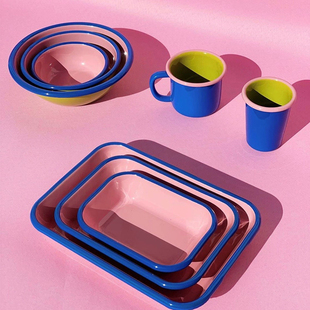 土耳其Bornn撞色搪瓷餐具盘子碗早餐盘手工珐琅长方形托盘燕麦碗