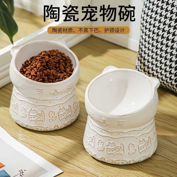 复古陶瓷猫碗防打翻高脚设计