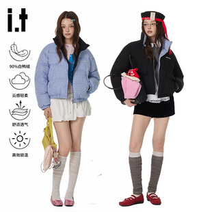 it GROUNDZERO【可双面穿】短款格纹撞色字母保暖加厚羽绒服外套