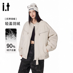 it  GROUNDZERO美式情侣款机车风宽松开衫90白鸭绒羽绒服夹克女潮