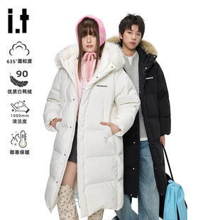 it GROUNDZERO 秋冬领连帽90白鸭绒简约保暖加厚中长款羽绒服男女