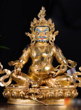 藏巴拉雕花尼泊尔手工10寸铜全鎏金《黄财神》铜像 居家室内摆件