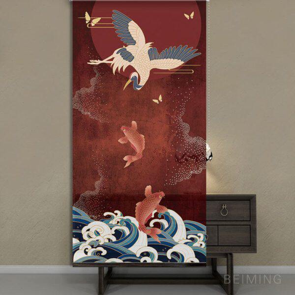 半透明屏风帘隔离帘门帘升降卷帘新中式软帘子布艺玄关帘窗帘仙鹤