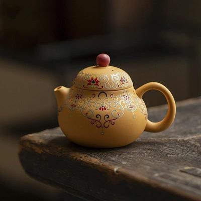 轻奢黄段泥紫砂文旦茶壶功夫茶具家用球孔过滤珐琅彩饰陶瓷茶壶