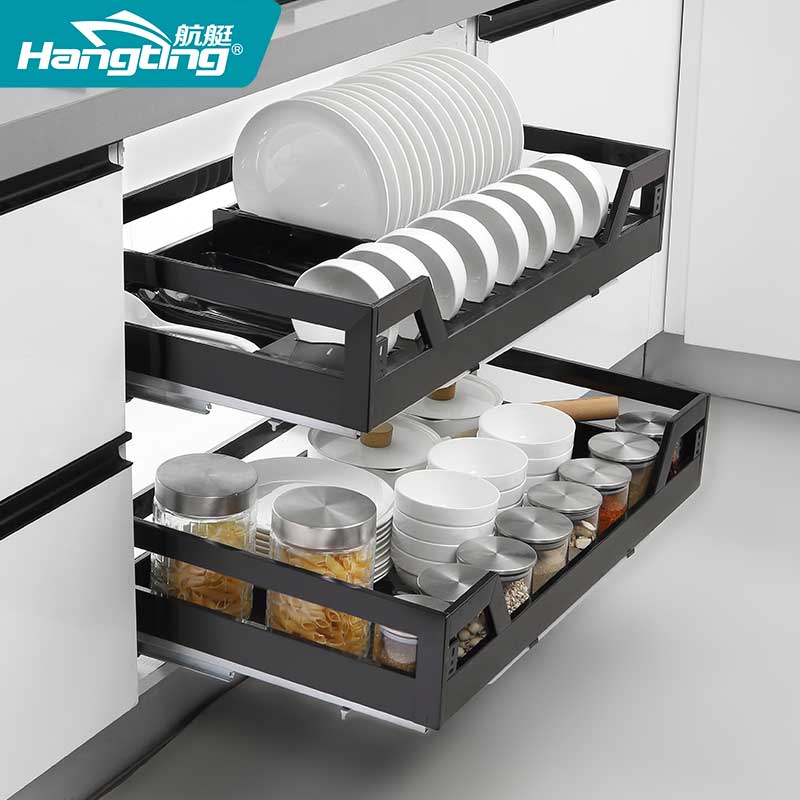 拉篮厨房橱柜不锈钢双层缓冲阻尼碗篮橱柜拉篮抽屉式碗架