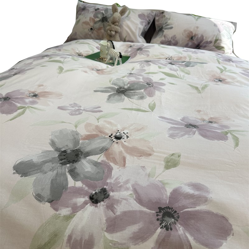 少女心紫色美式田园碎花纯棉磨毛四件套全棉被套秋冬加厚保暖床单