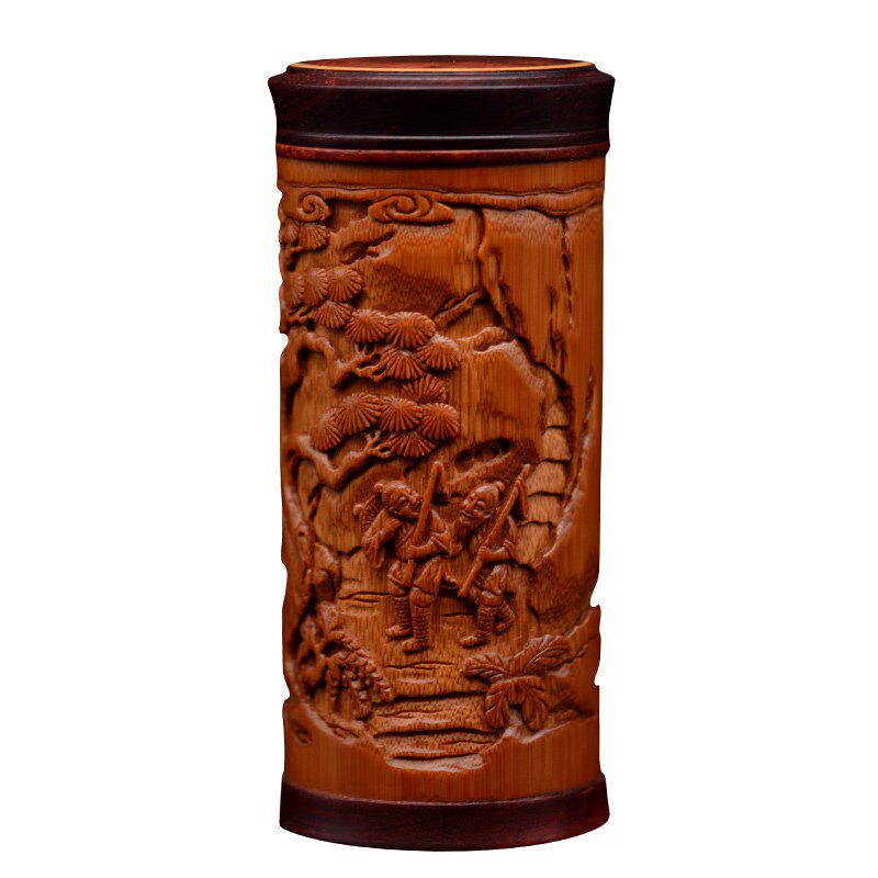 名家张念超竹雕茶叶罐竹筒渔樵耕读茶叶筒竹制密封罐存茶罐竹制品