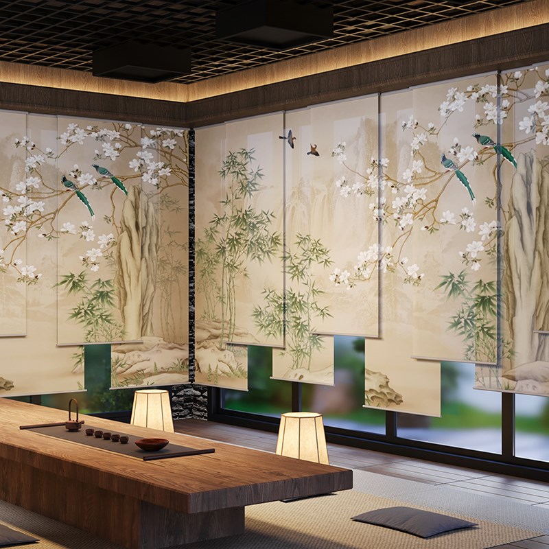 新中式屏风软隔断客厅门帘装饰茶室背景墙定制花鸟布艺卷帘窗帘