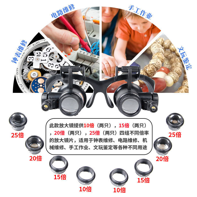 双目头戴放大镜10倍15倍20倍25带灯维修电路R板钟表手机眼罩